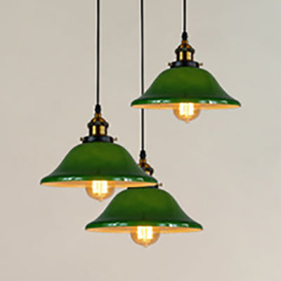 3 Lights Multiple Hanging Light Industrial Flared Green Glass Pendant Lighting in Brass