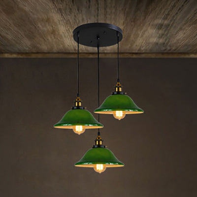 3 Lights Multiple Hanging Light Industrial Flared Green Glass Pendant Lighting in Brass