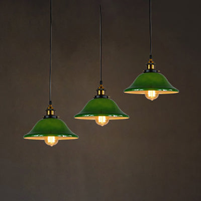 3 Lights Multiple Hanging Light Industrial Flared Green Glass Pendant Lighting in Brass