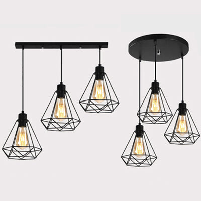 Metallic Wire Frame Hanging Lamp with Diamond Shade Retro Style 3 Heads Indoor Ceiling Light in Black