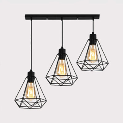 Metallic Wire Frame Hanging Lamp with Diamond Shade Retro Style 3 Heads Indoor Ceiling Light in Black