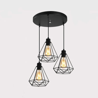 Metallic Wire Frame Hanging Lamp with Diamond Shade Retro Style 3 Heads Indoor Ceiling Light in Black