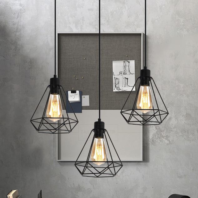 Metallic draad frame hangende lamp met diamant schaduw retro stijl 3 koppen binnen plafondlicht in zwart