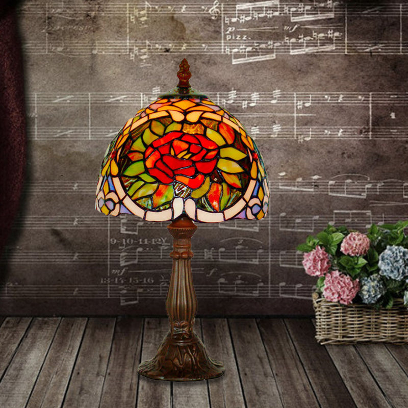 Rose Blossom Stained Glass Night Lamp Tiffany-Style 1 Bulb Bronze Finish Table Light for Bedroom