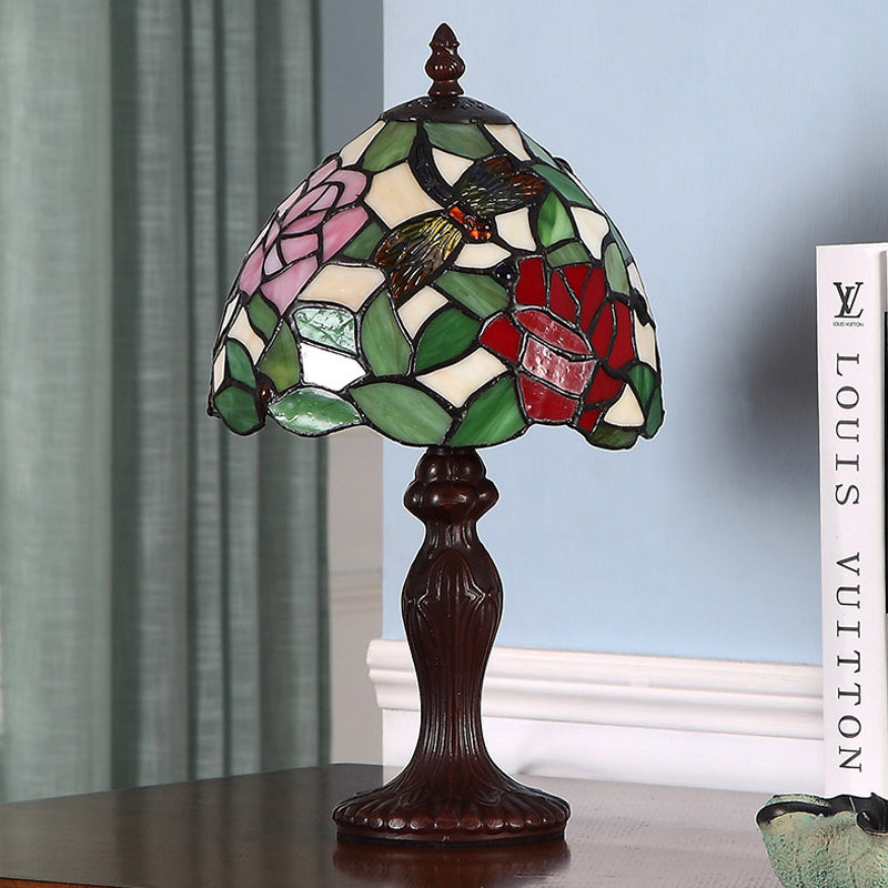 Dark Brown 1 Bulb Night Light Victorian Stained Glass Dragonfly and Rose Patterned Table Lamp