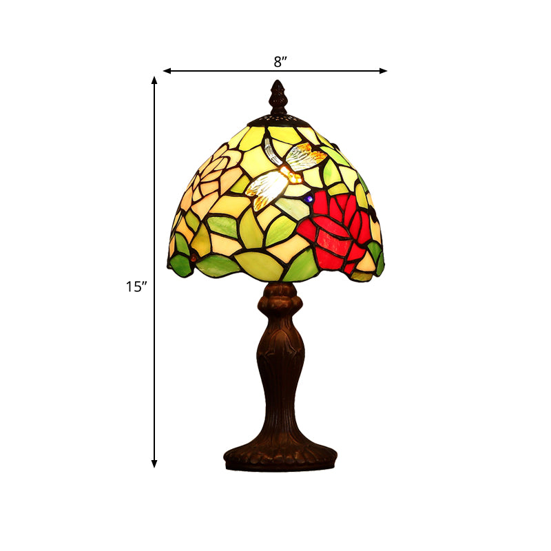 Dark Brown 1 Bulb Night Light Victorian Stained Glass Dragonfly and Rose Patterned Table Lamp