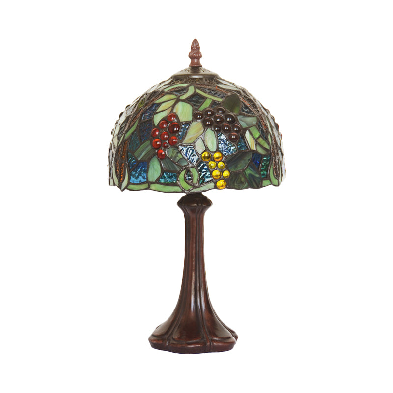 1-Light Bedside Table Lamp Tiffany Coffee Night Light with Grapes Patterned Dome Stained Glass Shade