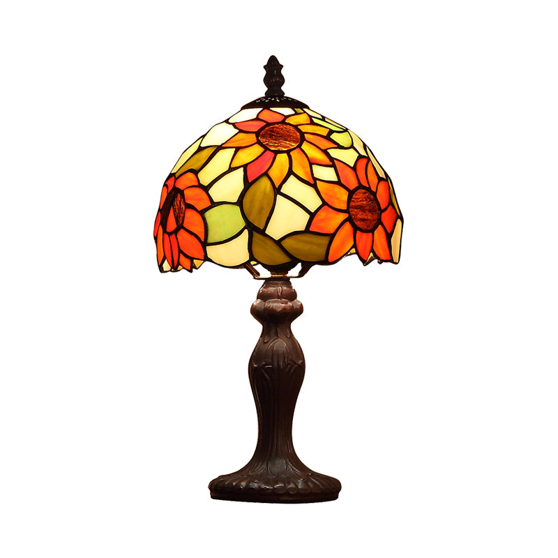 Dome Shape Night Lamp 1-Head Sunflower Patterned Glass Tiffany Table Light in Dark Brown