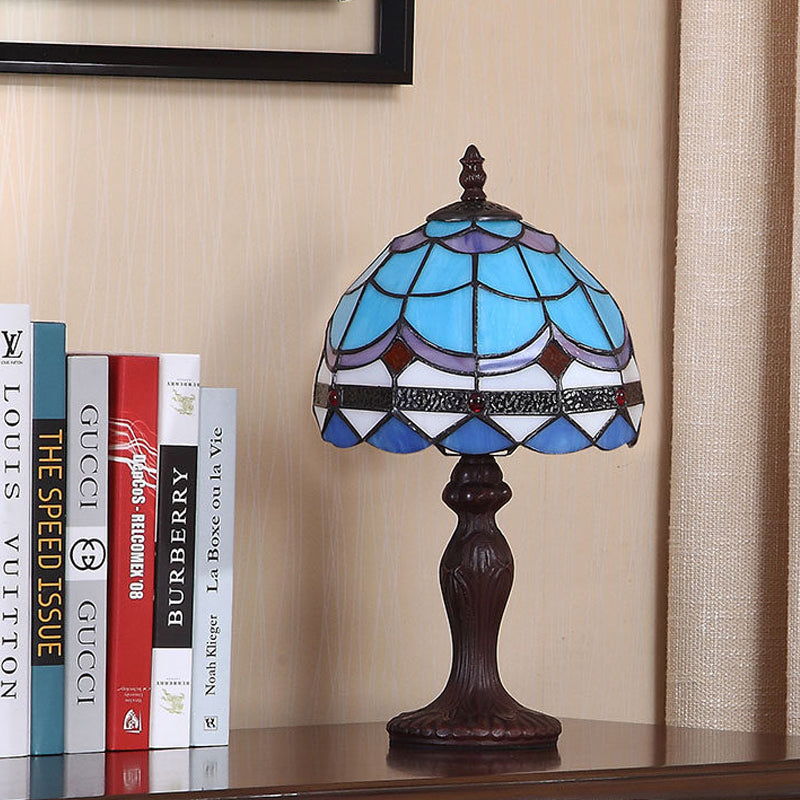 Wave-Pattern Stained Glass Table Lamp Mediterranean 1-Light Dark Brown Night Stand Light