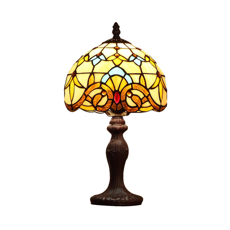 1 Bulb Domed Table Lighting Baroque Dark Coffee Spikelet-Pattern Stained Glass Night Lamp