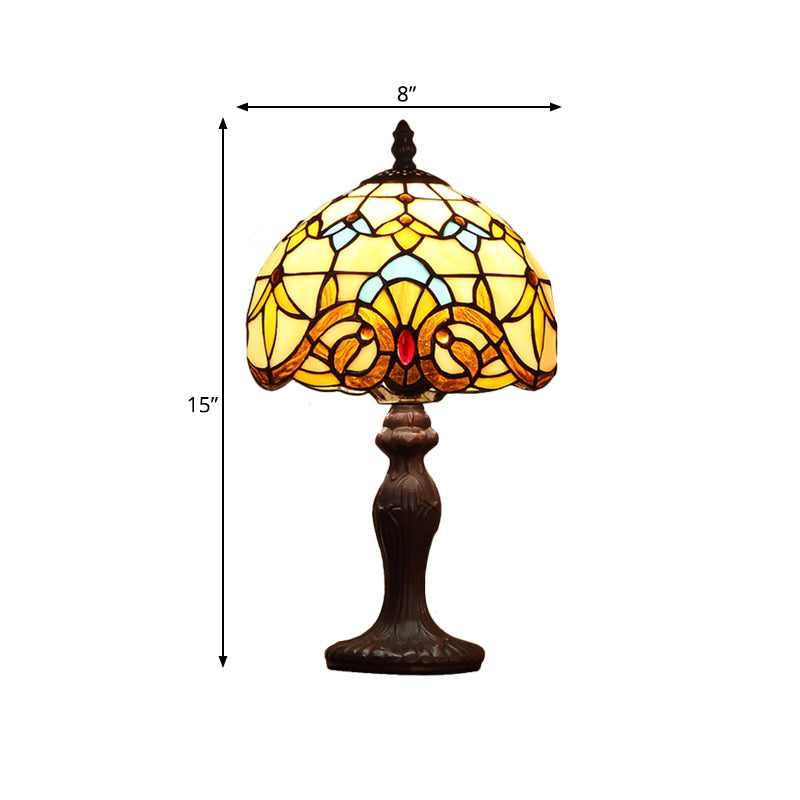 1 Bulb Domed Table Lighting Baroque Dark Coffee Spikelet-Pattern Stained Glass Night Lamp