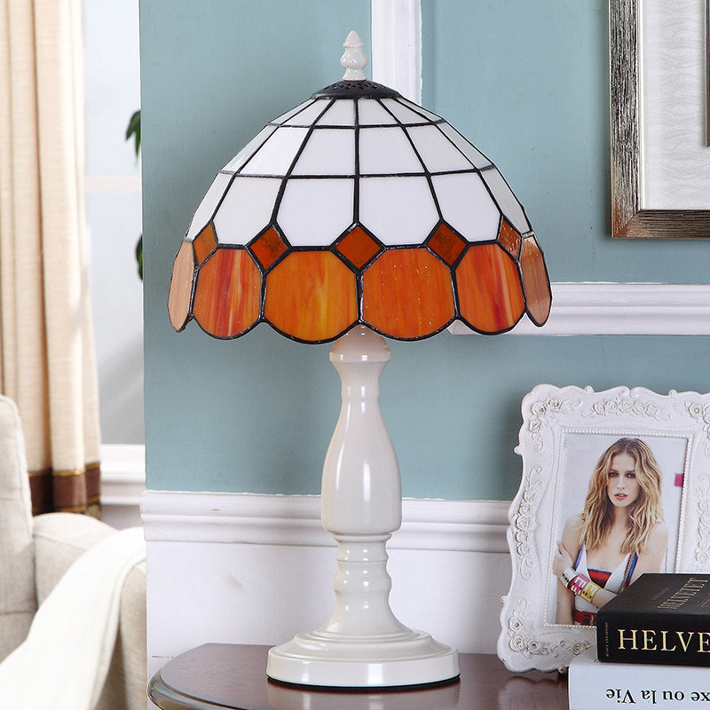 Baroque Gridded Dome Shade Night Light 1 Head Orange-White Stained Glass Table Lighting