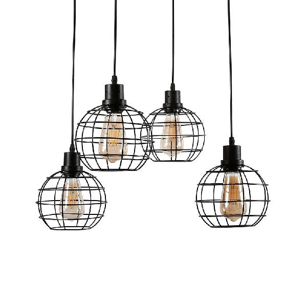 3/4/5 Heads Wire Cage Ceiling Light Vintage Style Black Finish Metal Suspended Lamp with Globe Shade