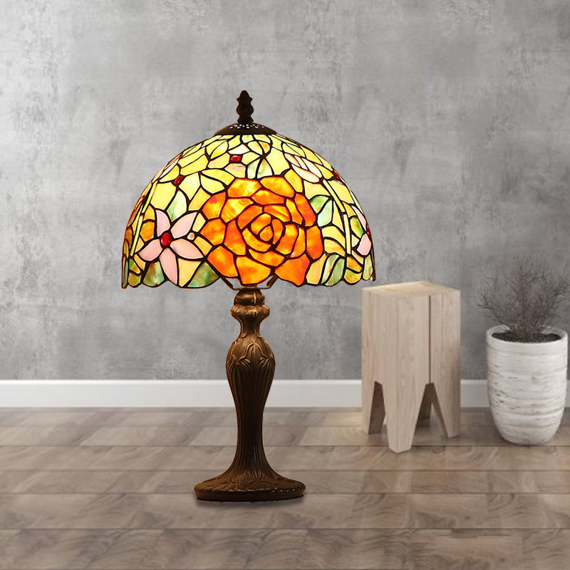 Dark Brown Dome Night Lamp Tiffany-Style Single Handcrafted Art Glass Table Light with Bloom Pattern