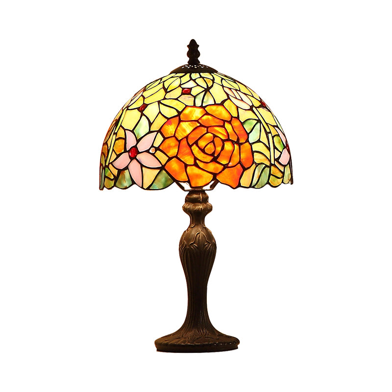 Dark Brown Dome Night Lamp Tiffany-Style Single Handcrafted Art Glass Table Light with Bloom Pattern