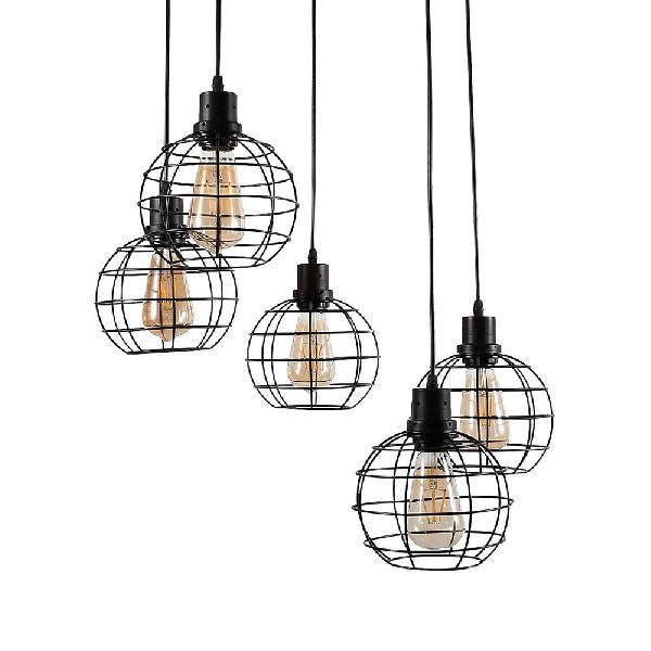 3/4/5 Heads Wire Cage Ceiling Light Vintage Style Black Finish Metal Suspended Lamp with Globe Shade