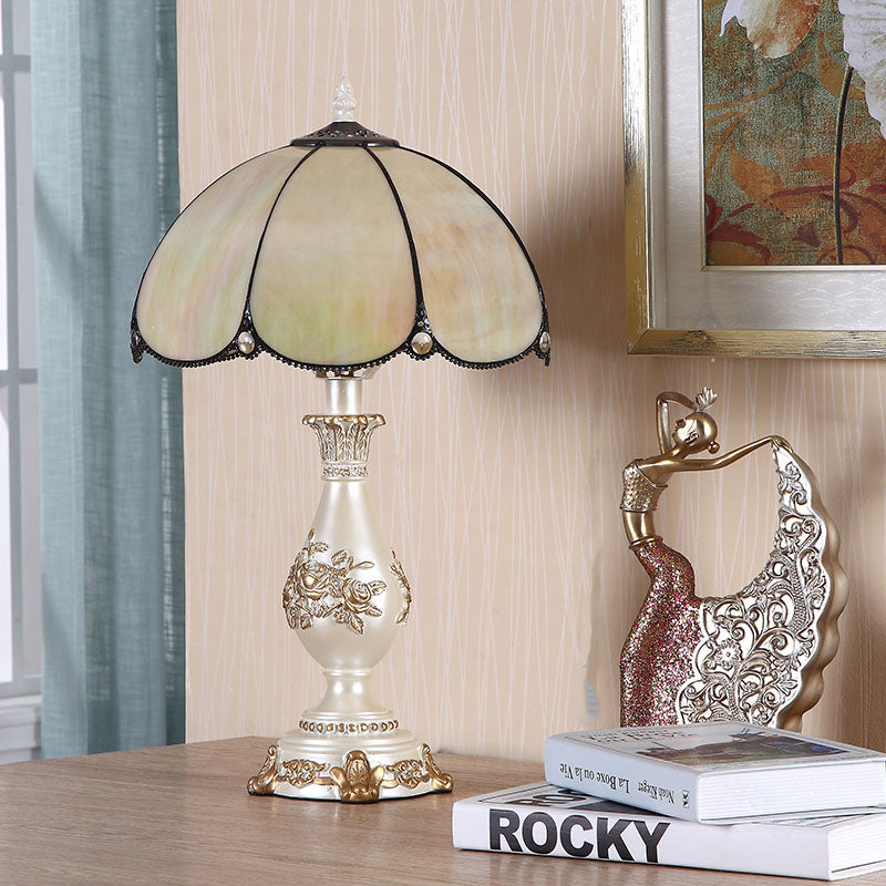 Classic Petals Nightstand Light Single-Bulb Beige Glass Table Lamp with Carved Vase Base