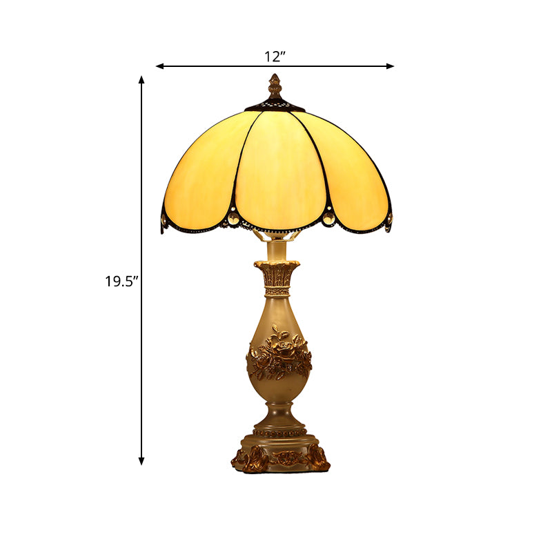 Classic Petals Nightstand Light Single-Bulb Beige Glass Table Lamp with Carved Vase Base