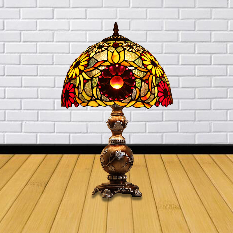 Chrysanths Table Lamp Tiffany Stained Glass 1 Head Brown Night Stand Light with Dome Shade