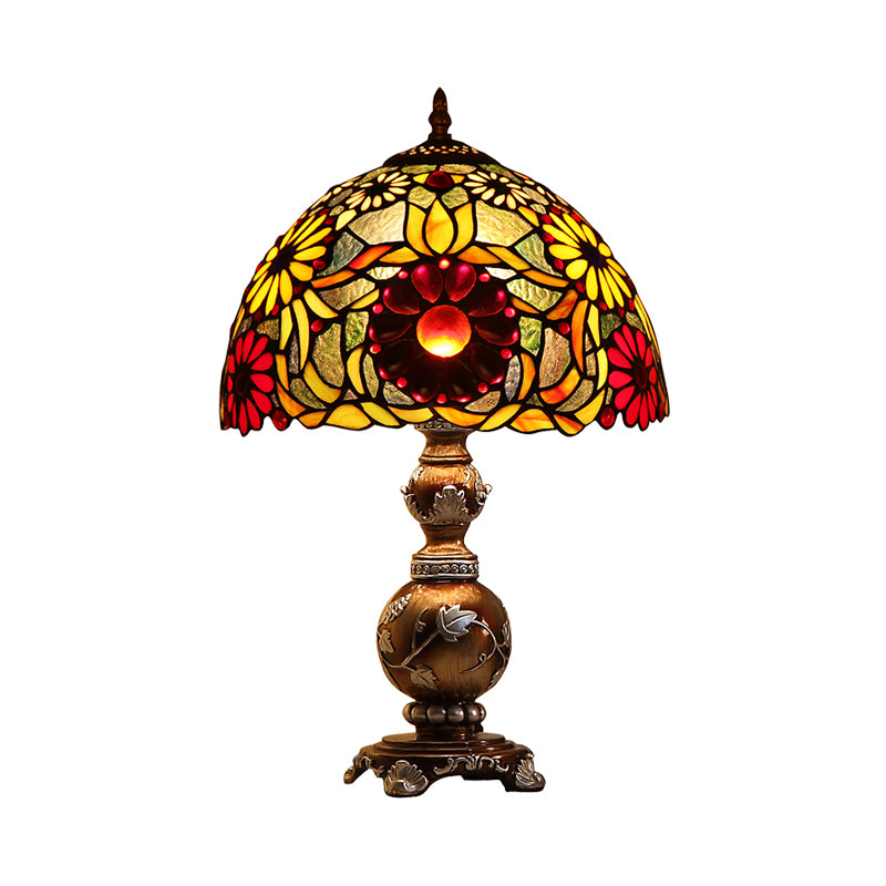 Chrysanths Table Lamp Tiffany Stained Glass 1 Head Brown Night Stand Light with Dome Shade