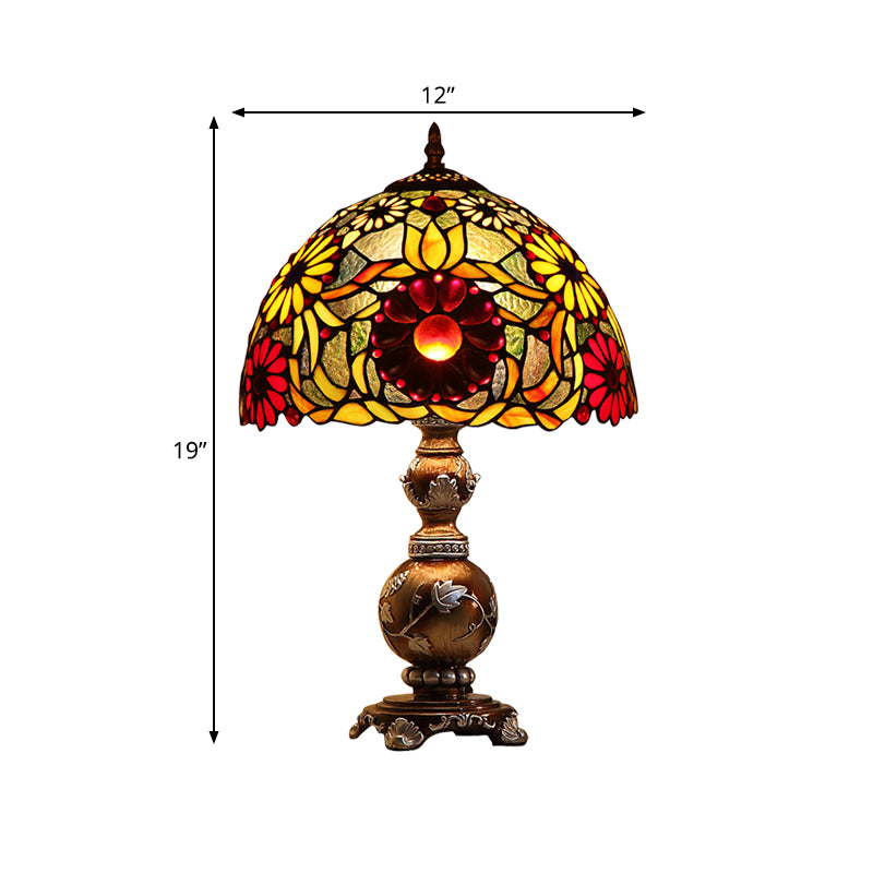 Chrysanths Table Lamp Tiffany Stained Glass 1 Head Brown Night Stand Light with Dome Shade