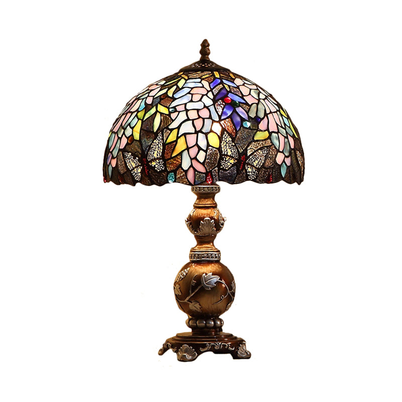 Brown Gourd Table Lighting Baroque 1 Bulb Resin Nightstand Lamp with Locust Stained Glass Shade