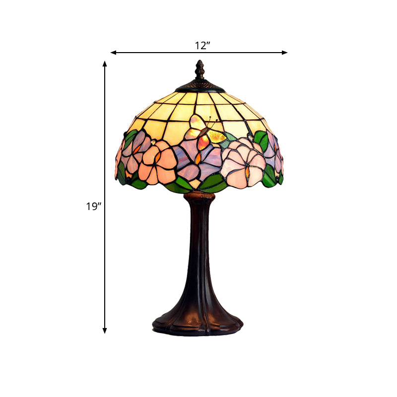 Tiffany Grid Shade Table Lamp 1-Light Hand-Crafted Glass Night Light with Flower and Butterfly Pattern in Coffee