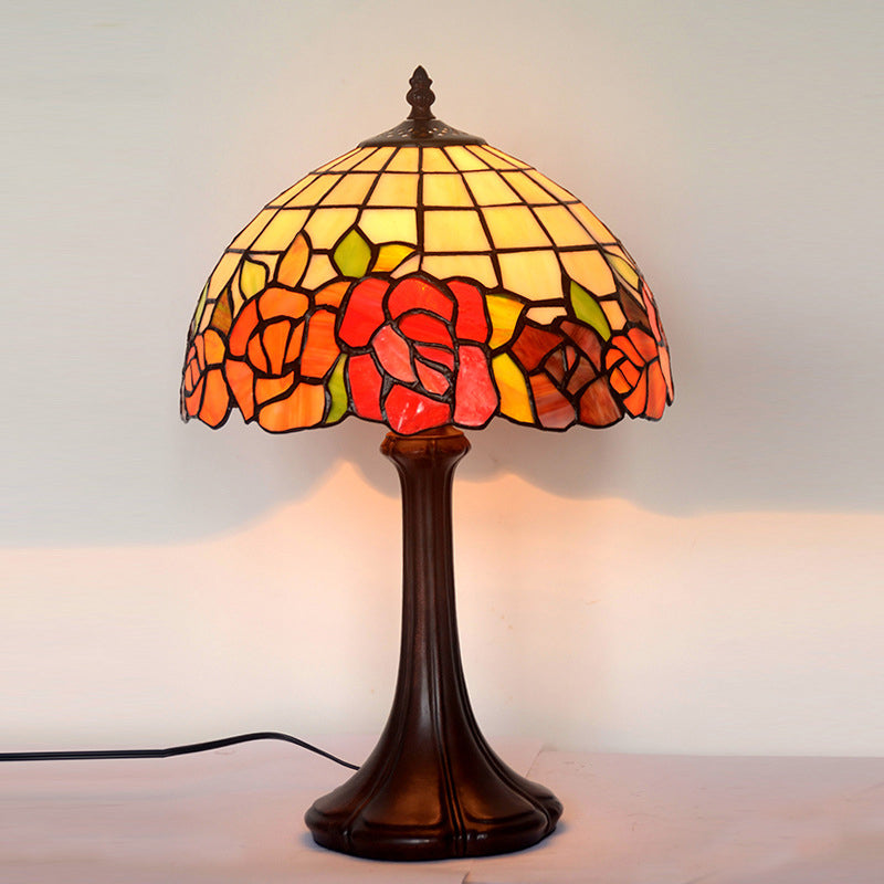 Roseborder Stained Glass Night Lamp Tiffany 1 Bulb Coffee Table Lighting with Grid Lampshade