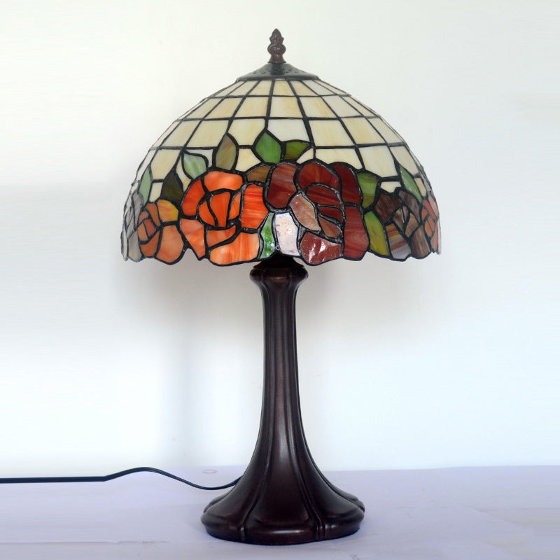 Roseborder Stained Glass Night Lamp Tiffany 1 Bulb Coffee Table Lighting with Grid Lampshade