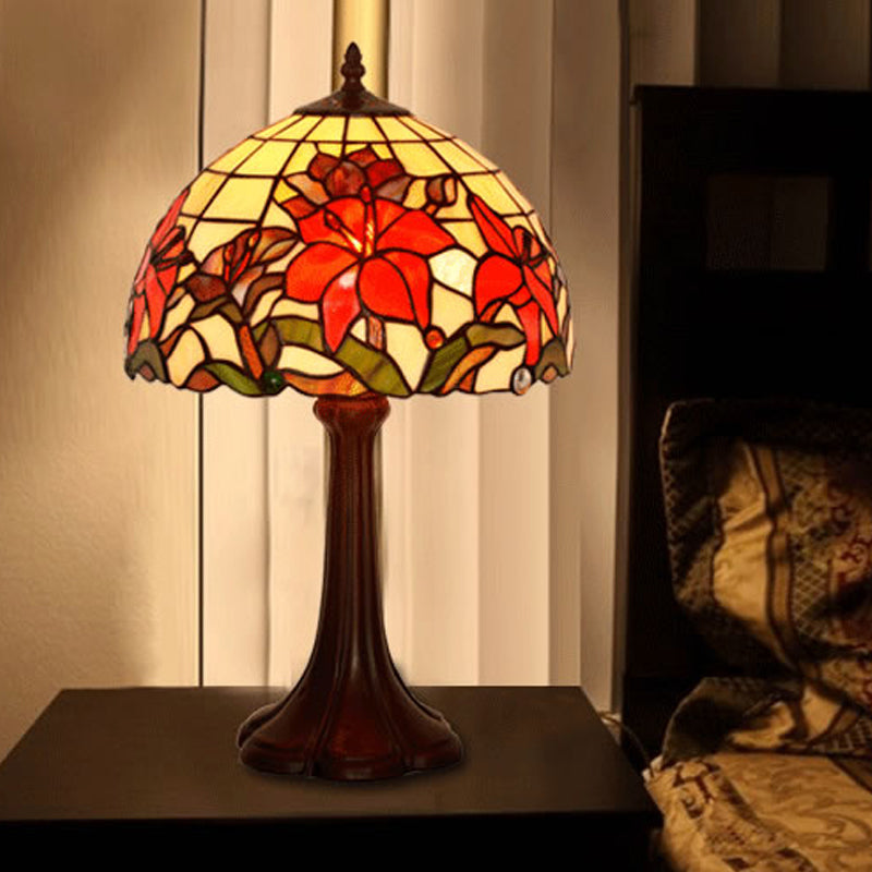 Coffee 1 Head Table Lamp Tiffany Handcrafted Art Glass Floral Night Stand Light with Dome Shade