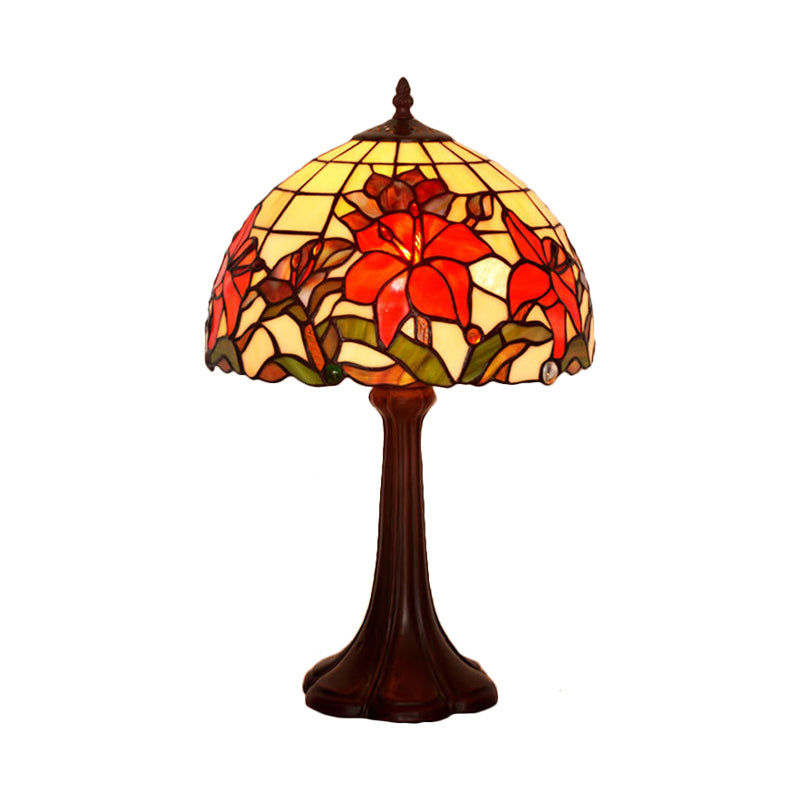 Coffee 1 Head Table Lamp Tiffany Handcrafted Art Glass Floral Night Stand Light with Dome Shade