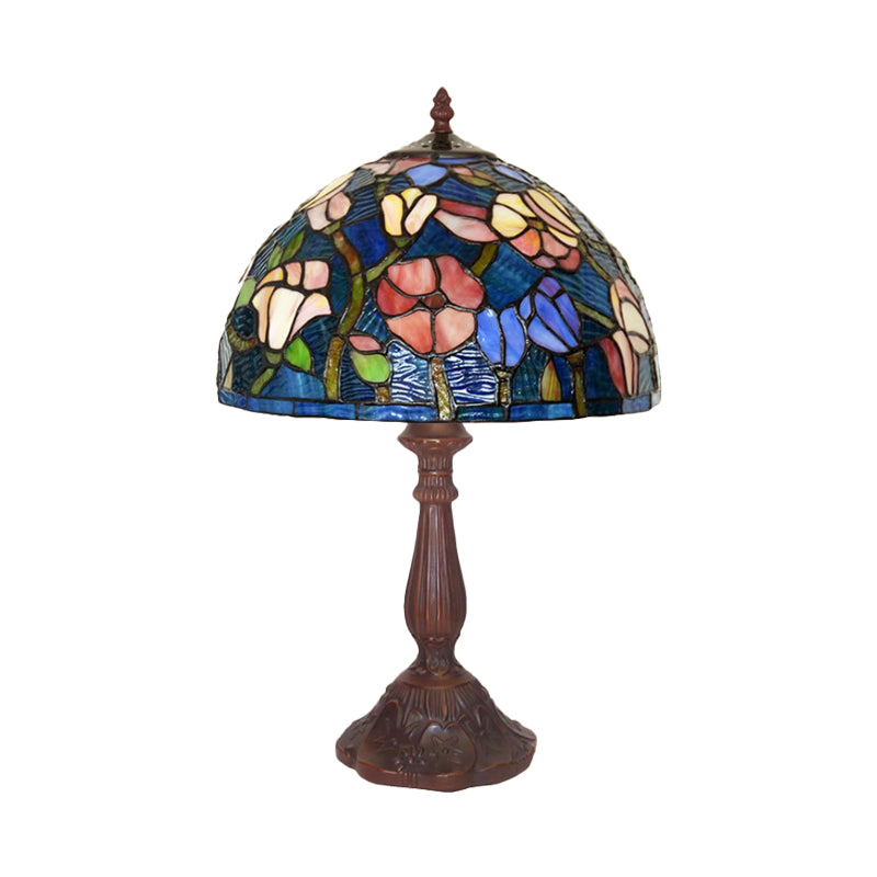 1-Light Kitchen Table Lamp Tiffany Bronze Night Light with Flower Stained Glass Shade