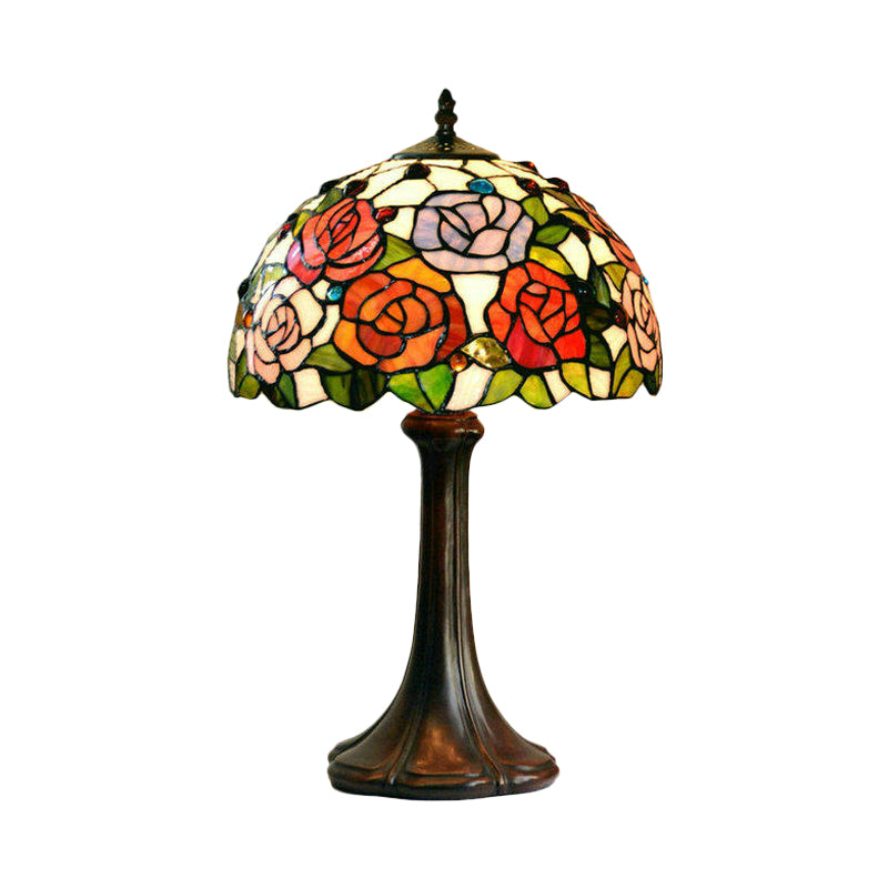 1-Head Jeweled Table Lamp Tiffany Bronze Handcrafted Art Glass Night Lighting with Blossom Pattern