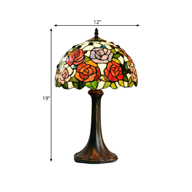 1-Head Jeweled Table Lamp Tiffany Bronze Handcrafted Art Glass Night Lighting with Blossom Pattern