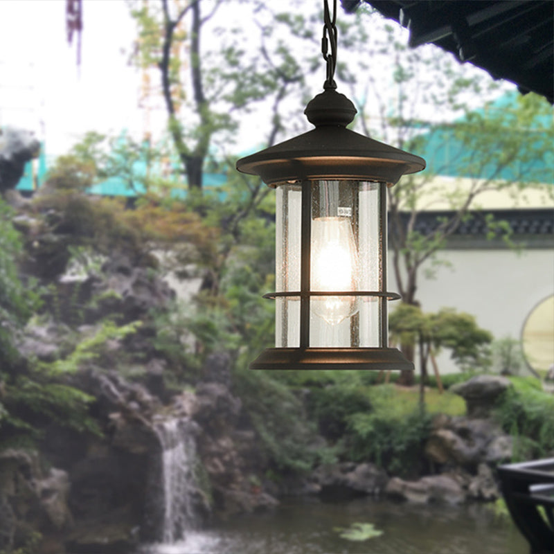 Lodge Lantern Hanging Anhänger 1-Bulb Clear Glass Deckensuspensionslampe in Schwarz für Balkon