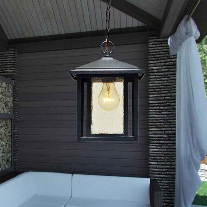 Clear Seedy Glass Black Pendant Lantern 1-Head Retro Hanging Light Fixture for Outdoor
