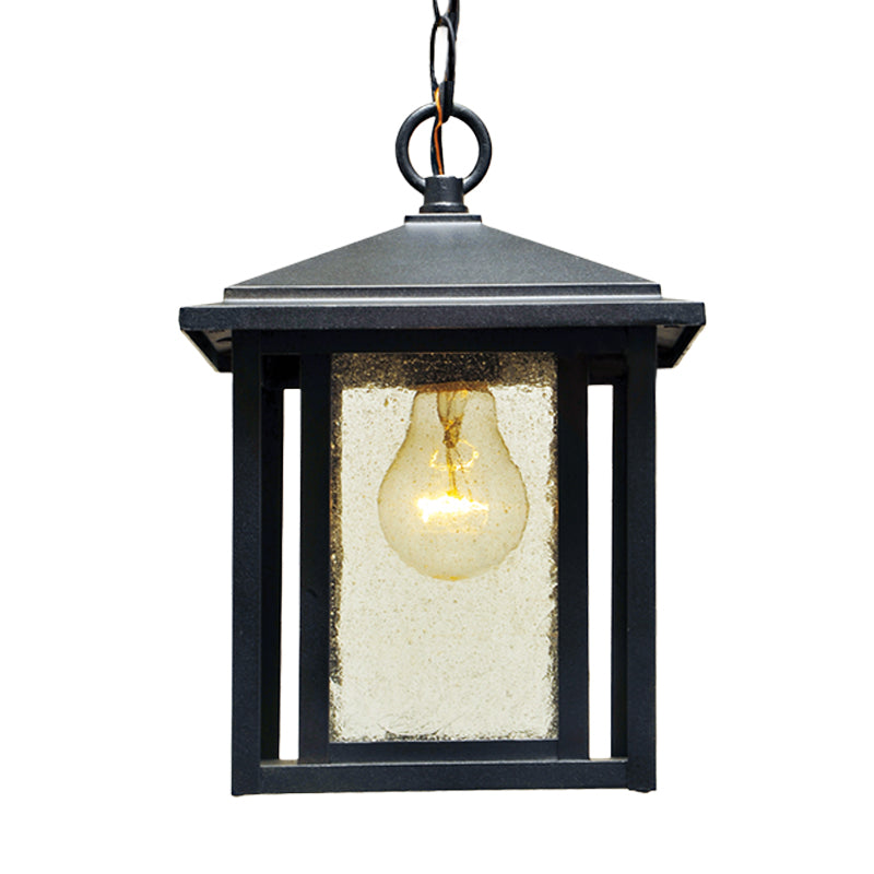 Clear Seedy Glass Black Pendant Lantern 1-Head Retro Hanging Light Fixture for Outdoor