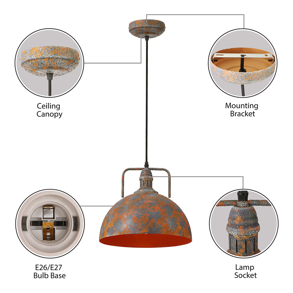 Rust Finish Domed Pendant Light Antique Style Wrought Iron 1 Head Dining Table Hanging Fixture with Vented Socket