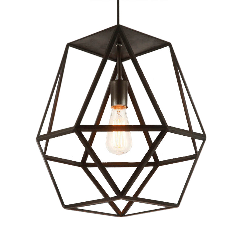 1 Head Pendant Light Industrial Polygon Metal Shade Hanging Light Fixture with Wire Guard in Black