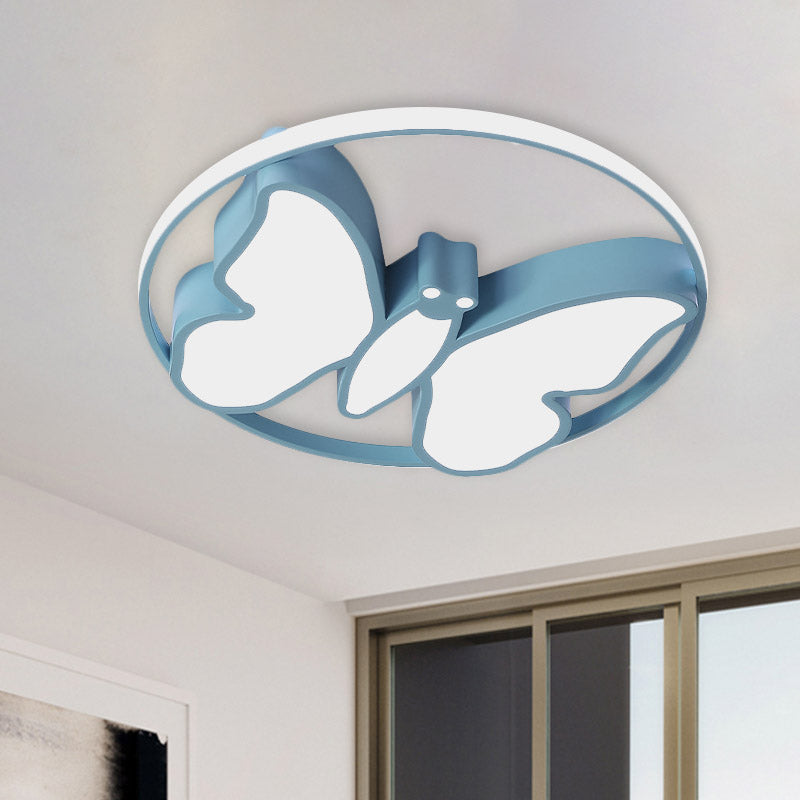 Butterfly Flush Mount Light Kids Acrylic White/Pink/Blue LED Ceiling Fixture with Glow Hoop in Warm/White Light