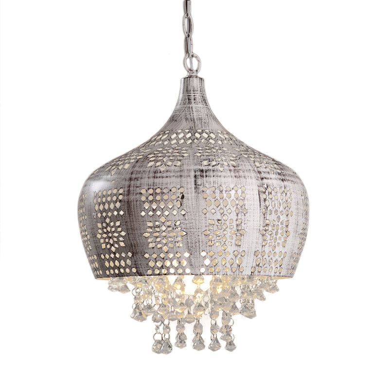 Vintage Dome Ceiling Pendant 1 Head Wrought Iron Ceiling Light with Crystal Deco and Pierced Design in Distressed White