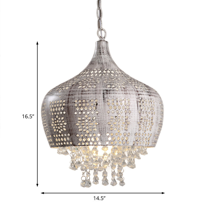 Vintage Dome Ceiling Pendant 1 Head Wrought Iron Ceiling Light with Crystal Deco and Pierced Design in Distressed White