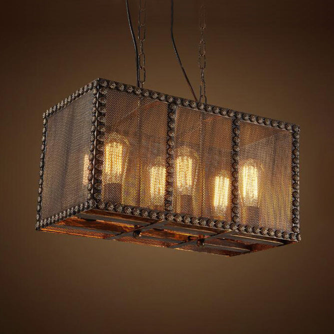 Rectangle Cage Metal Chandelier Lighting with Mesh Screen and Rivets Antique Style 6-Light Indoor Ceiling Light Fixture in Rust