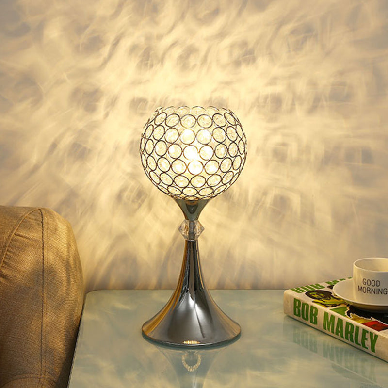 Crystal Inserted Silver Table Light Curved Shape 1 Head Lounge Night Lamp with Half Globe Lampshade