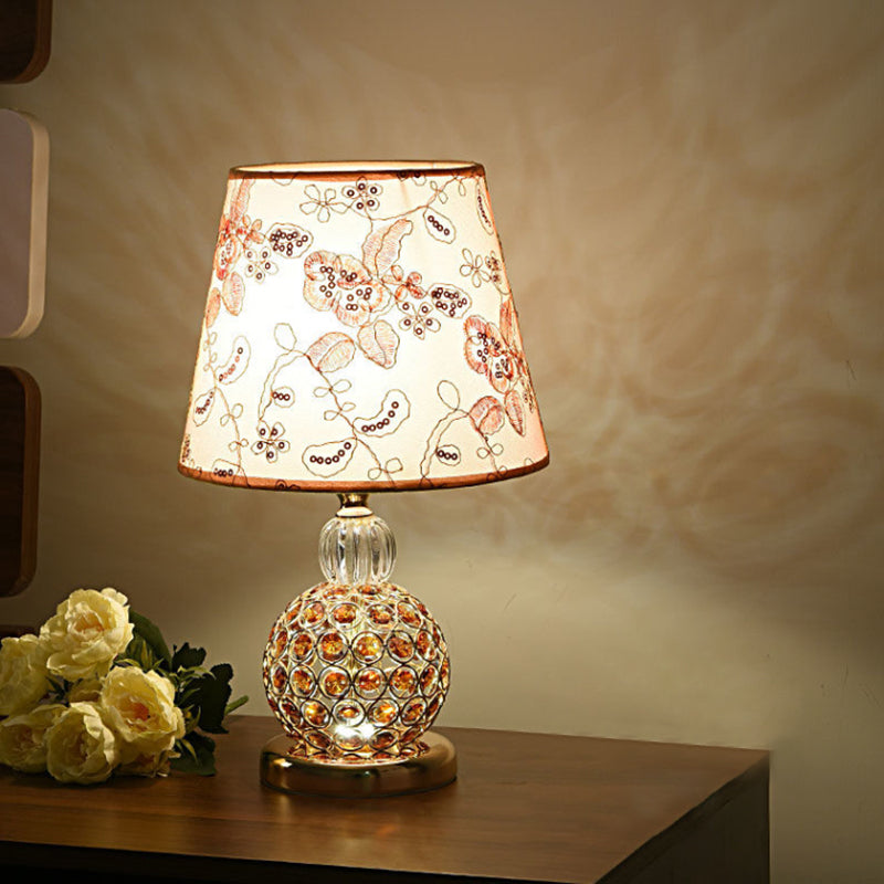 Floral Fabric Tan Table Light Tapered Shade 1 Head Countryside Nightstand Lamp with Crystal Embedded Ball Base