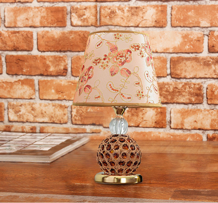 Floral Fabric Tan Table Light Tapered Shade 1 Head Countryside Nightstand Lamp with Crystal Embedded Ball Base