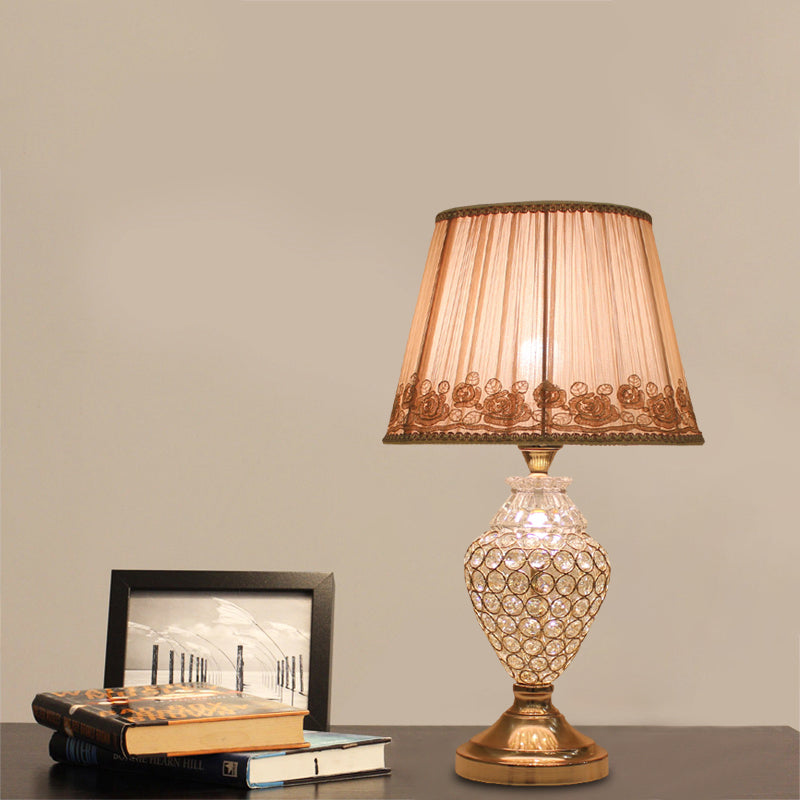 1 Head Rose-Trim Conical Table Light Rural Gold Pleated Fabric Night Lamp with Pot Crystal Base