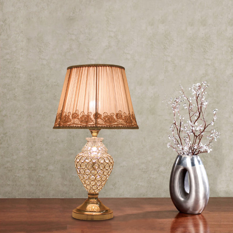 1 Head Rose-Trim Conical Table Light Rural Gold Pleated Fabric Night Lamp with Pot Crystal Base