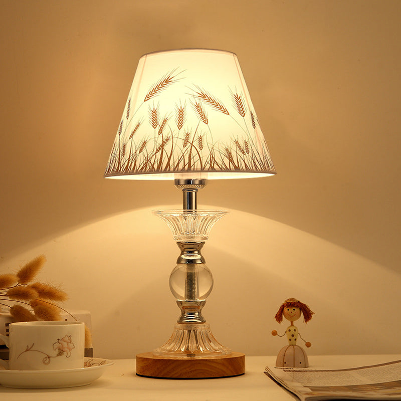 1-Bulb Spikelet Pattern Conic Table Lamp Countryside White Fabric Night Light with Chrome Column Base