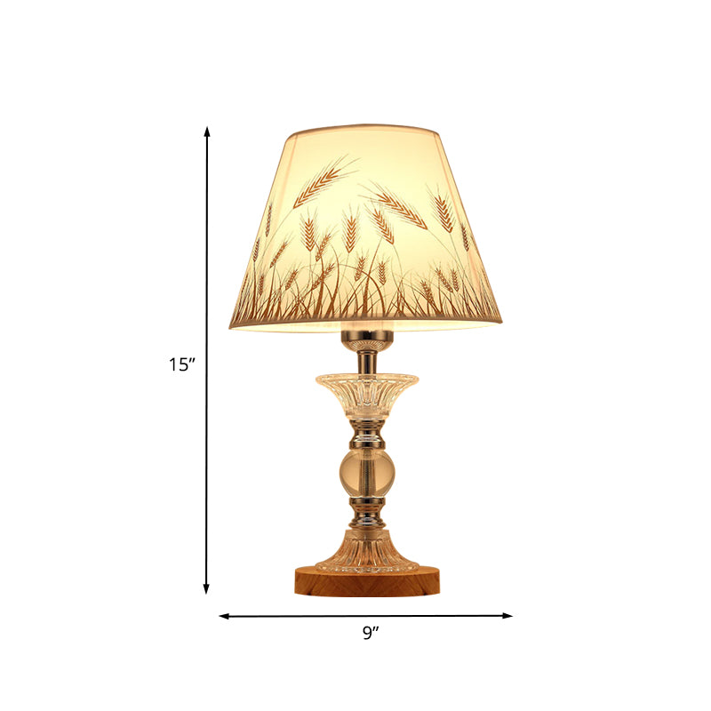 1-Bulb Spikelet Pattern Conic Table Lamp Countryside White Fabric Night Light with Chrome Column Base